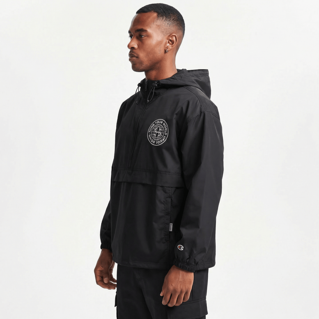 Stündenglass Packable World Jacket detail showing World graphic and wind-resistant material