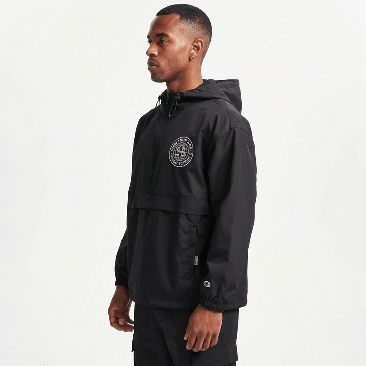 Stündenglass Packable World Jacket detail showing World graphic and wind-resistant material