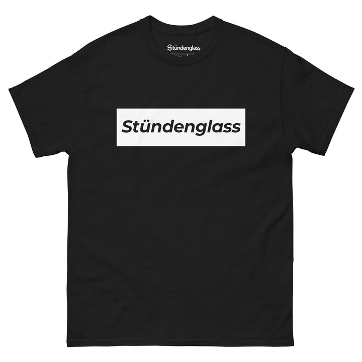 Stündenglass Inverted Box Logo T-Shirt in Black - front view with white inverted wordmark