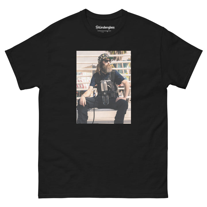 Bearded Larry photo box t-shirt in black, front view