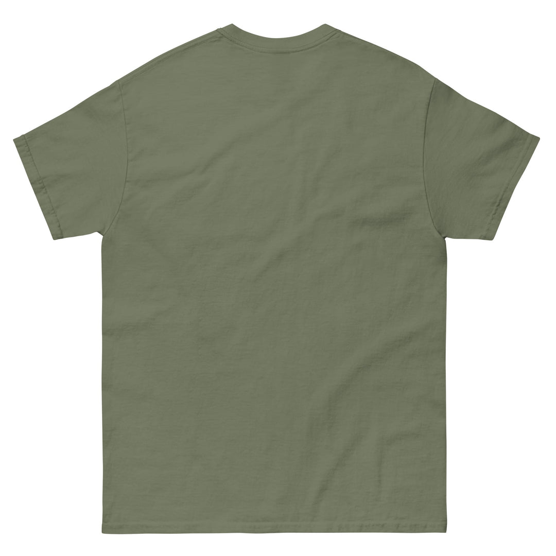 Bearded Larry photo box t-shirt in military green, back view