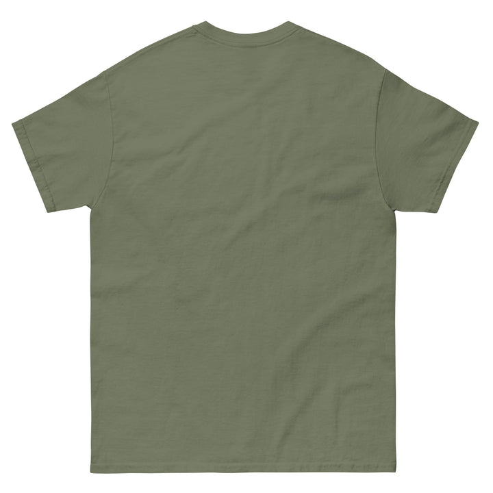 Bearded Larry photo box t-shirt in military green, back view