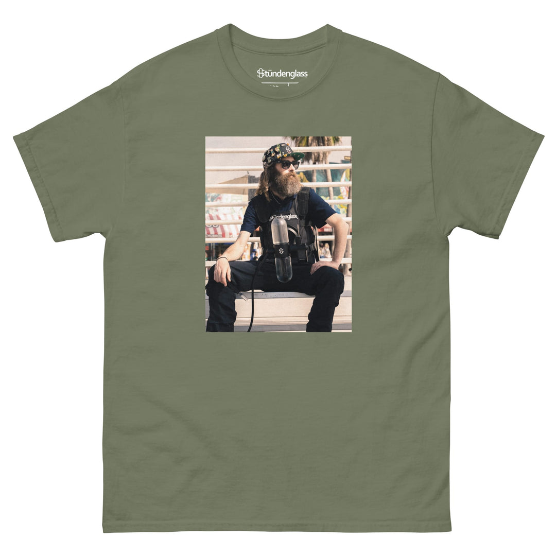 Bearded Larry photo box t-shirt in military green, front view