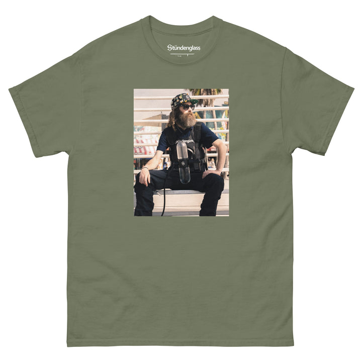 Bearded Larry photo box t-shirt in military green, front view