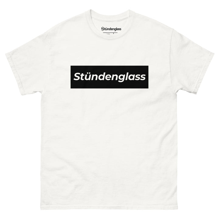 Stündenglass Box Logo T-Shirt in White - front view with boxed wordmark at chest