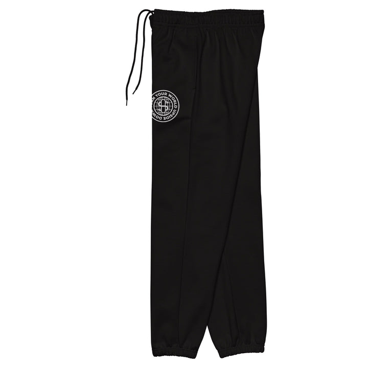 Stündenglass World Emblem black sweatpants left side detail showing embroidered emblem